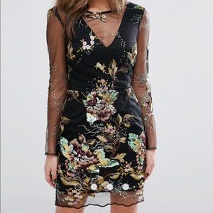 Black Embroidered Sequin Mesh Detail Mini Dress